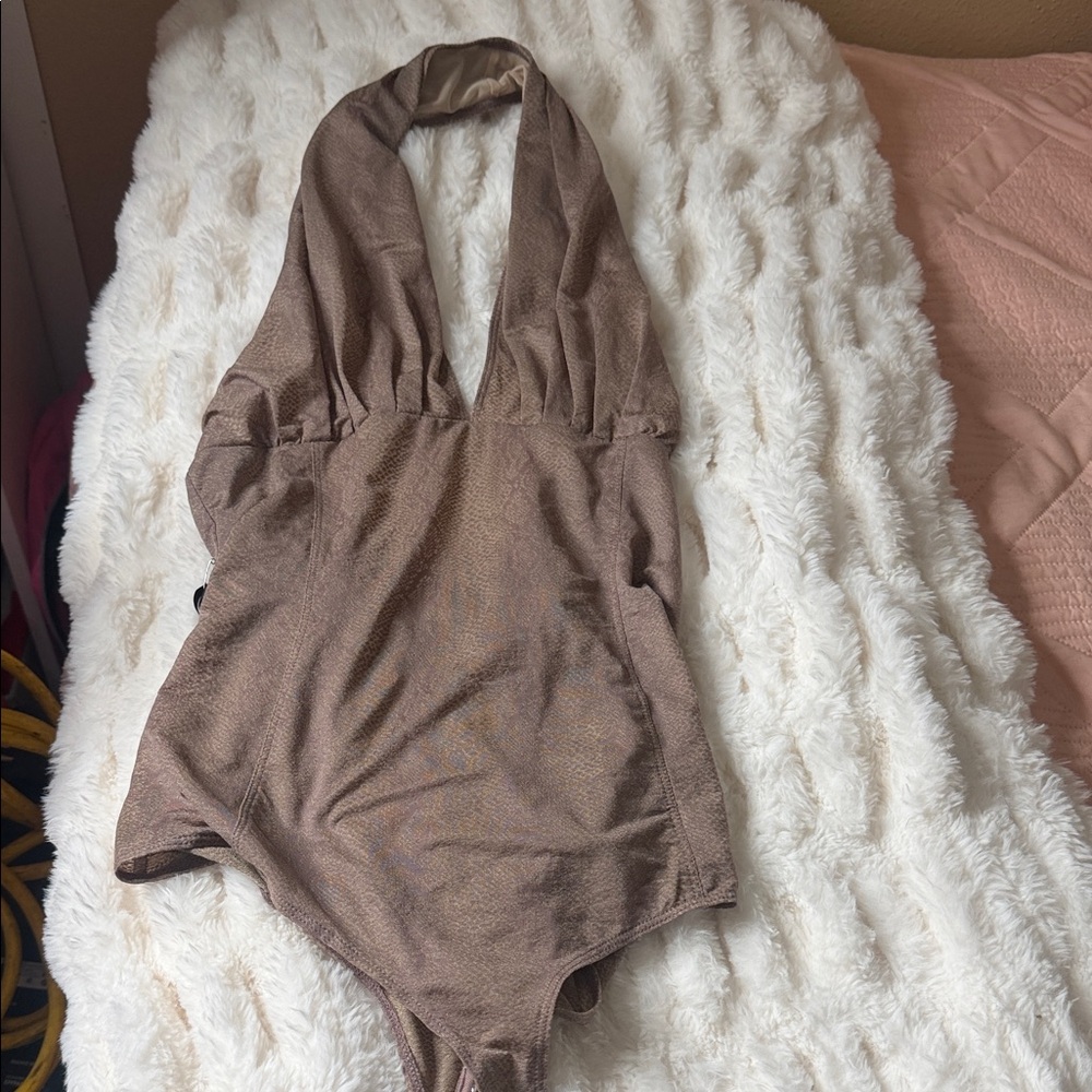 Halter One-Piece bodysuit top in Brown snake print